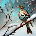 Colorful bird with spotted chest on snow-covered branch in wintry scene.