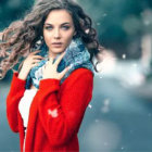 Digital artwork: Woman with red hair in red dress against park background