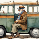 Elderly man on bench merged with VW van and tiny passengers