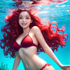 Red-haired woman swimming underwater in clear blue pool with bubbles, wearing red bikini