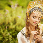 Royal Attired Woman with Golden Hair in Front of Palace with Moon