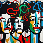 Abstract painting featuring three stylized female faces in bold black lines with red, blue, and yellow accents