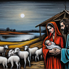 Stylized nativity scene painting with Mary, Joseph, baby Jesus, sheep, and night landscape