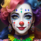 Colorful clown portrait with teardrop, red nose, and expressive gaze