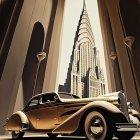 Vintage luxury car in front of art deco skyscraper with elegant arches