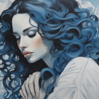 Digital Artwork: Woman with Blue Hair and Eyes in Luxurious Setting