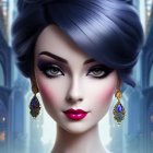 Stylized digital portrait of a woman with lavender hair, dramatic makeup, and elegant green attire.