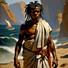 Man with dreadlocks in gold-accented toga by the sea exudes strength and tranquility