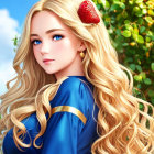 Colorful Illustration: Young Girl with Blue Eyes and Golden Hair in Floral Adornments