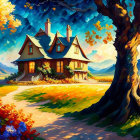 Colorful Stylized Illustration of Quaint House in Vibrant Landscape