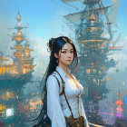 Steampunk woman in cityscape with airships.