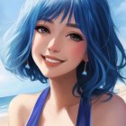 Digital artwork: Female character with wavy blue hair & brown eyes in floral blue dress under clear sky