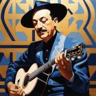 Man in Hat Playing Guitar Against Geometric Background