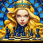 Regal figure with crown at chessboard, gold and blue drapery, intense gaze