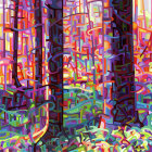 Colorful Abstract Forest in Stained Glass Style with Red, Blue, and Purple Hues