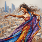 Colorful illustration: Joyful woman dancing in vibrant dress with futuristic cityscape background