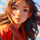 Detailed digital artwork: young woman with brown eyes and flowing hair against sunset sky.