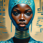 Stylized portrait of woman with bold makeup in blue headscarf and earrings