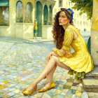 Woman in Yellow Dress and Hat Sitting on Cobblestone Street