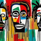 Vibrant abstract portrait of three faces with exaggerated features