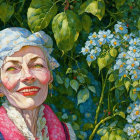 Vibrant painting of stern woman in headscarf amidst green foliage