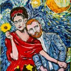 Colorful artwork featuring man and woman in Van Gogh-inspired scene