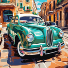 Colorful illustration of green car on vibrant streetscape