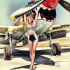 Fashionable woman in striped dress and heels posing by vintage propeller aircraft.