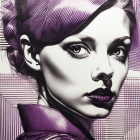 Monochrome portrait of a woman with purple accents and abstract geometric patterns