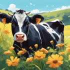 Vibrant meadow scene with cow, wildflowers, and sunny sky