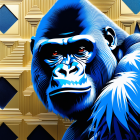 Colorful digital artwork of a blue gorilla with intricate patterns on a golden geometric backdrop