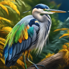 Colorful Heron Illustration with Tropical Foliage