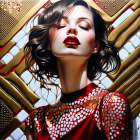 Stylized portrait of woman with bold makeup and abstract golden elements