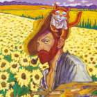 Illustration of woman with unibrow in traditional blouse amidst sunflower field