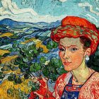 Vivid colored portrait of a red-haired individual with stern expression in front of Van Gogh-inspired backdrop