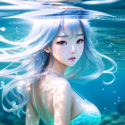 Illustrated portrait of female figure with pale hair underwater, flowing hair, reflections, bubbles