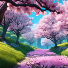 Lush forest with vibrant cherry blossoms and serene river