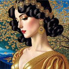 Illustrated portrait of woman with dark hair, golden dress, earrings, surrounded by blue blossoms