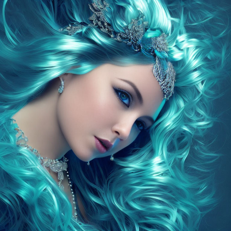 Vibrant turquoise-haired woman with jeweled headpiece against blue backdrop