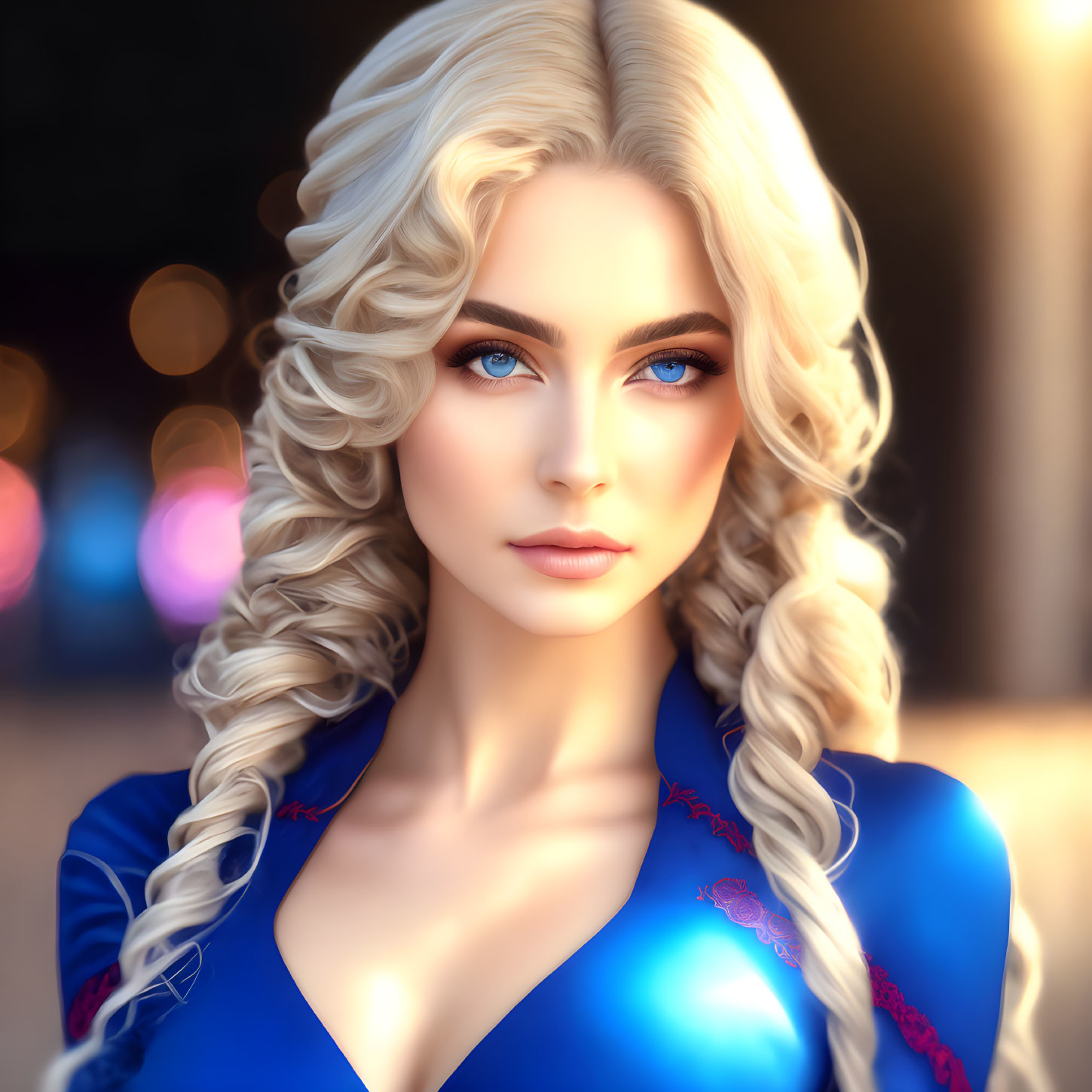 Blonde woman with blue eyes in blue outfit on blurred background