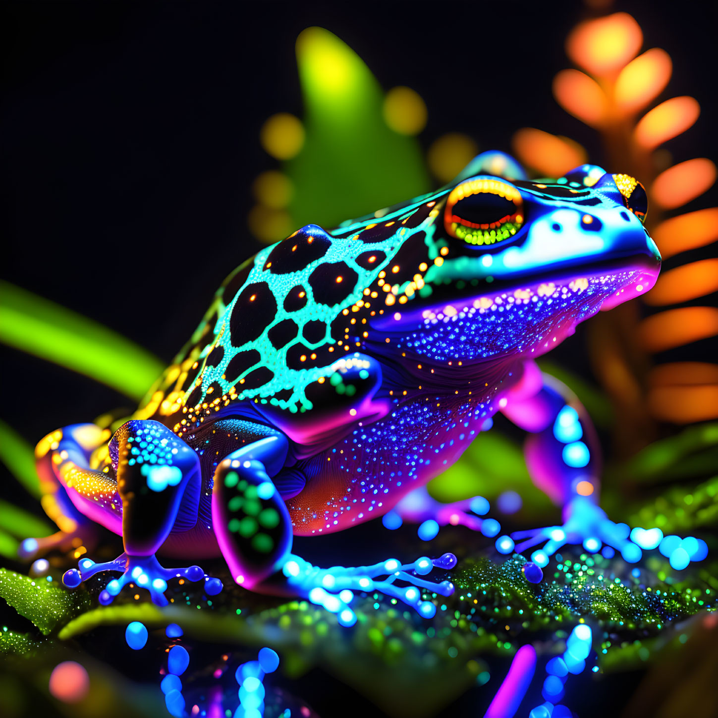 Colorful Frog Digital Art with Neon Hues on Dark Background