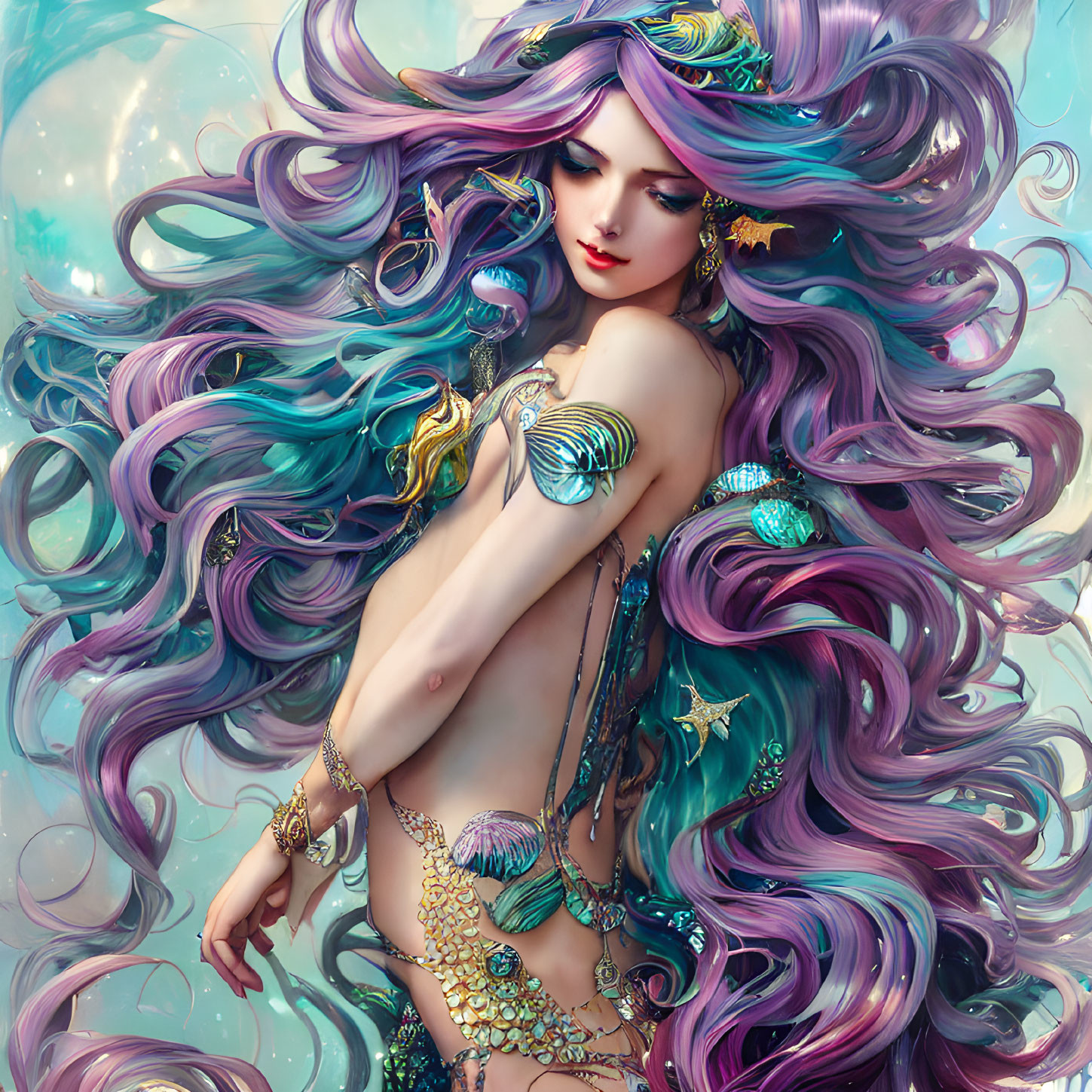 Fantastical illustration of woman with purple hair and jewelry on glowing backdrop