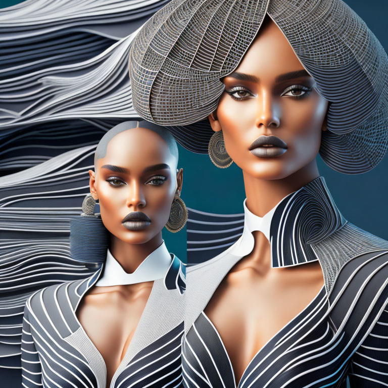 Stylized female figures with exaggerated fashion features against abstract background