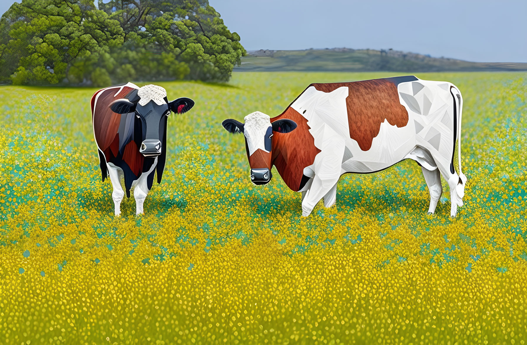 Stylized digital art: Two cows in vibrant field