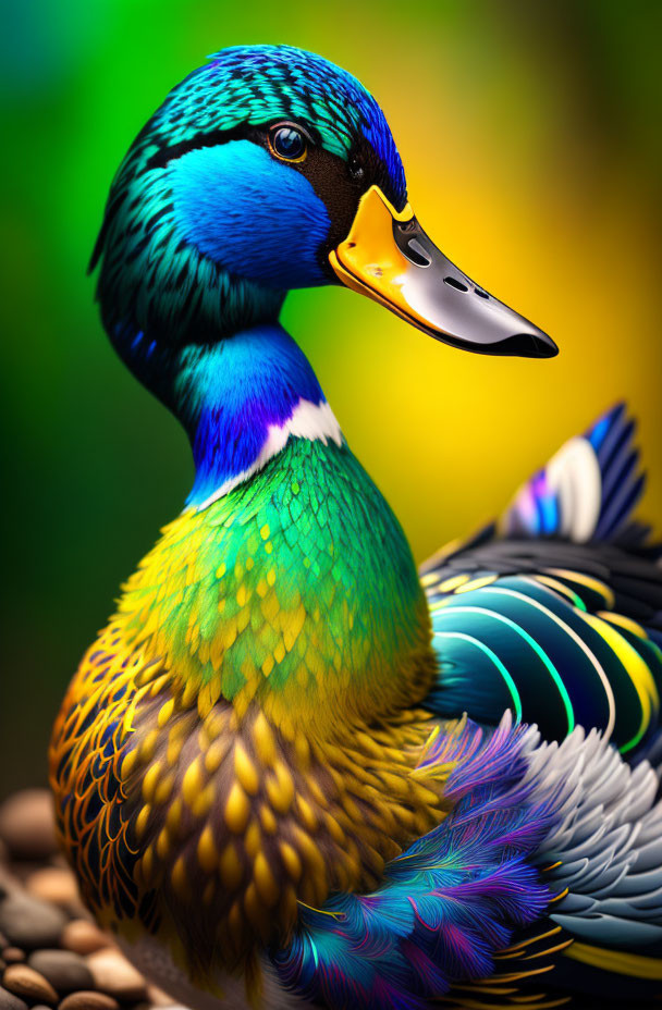 Colorful Duck with Glossy Plumage on Green and Yellow Background