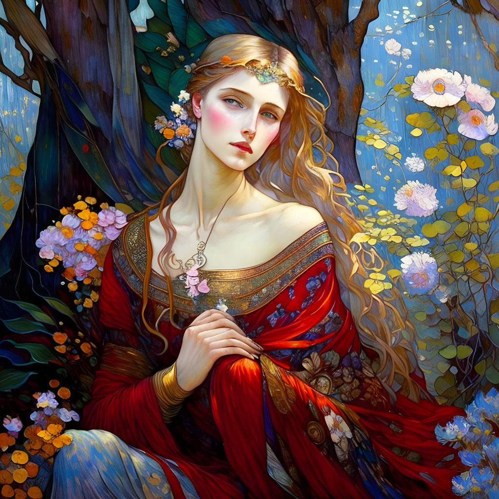 Illustration: Woman with golden hair in red dress among lush trees and flowers