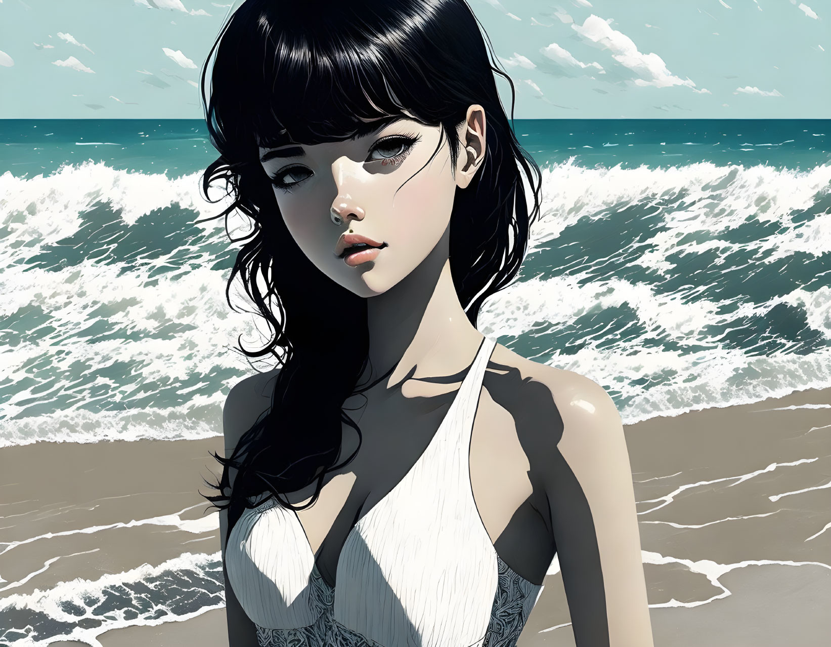 Digital illustration: Young woman in white swimsuit on beach.