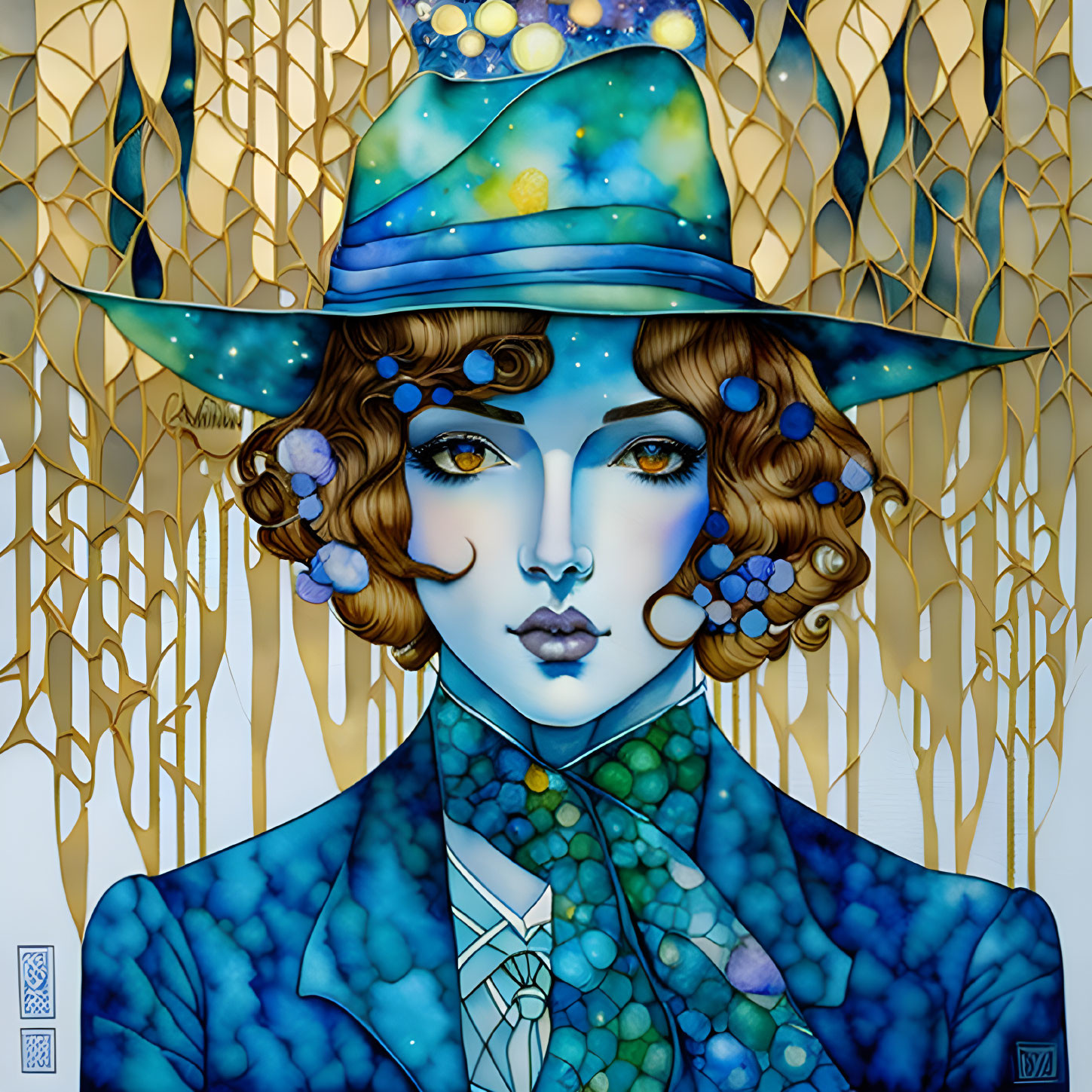 Illustrated portrait of a woman with starry night sky elements in hat and clothes against golden linear backdrop