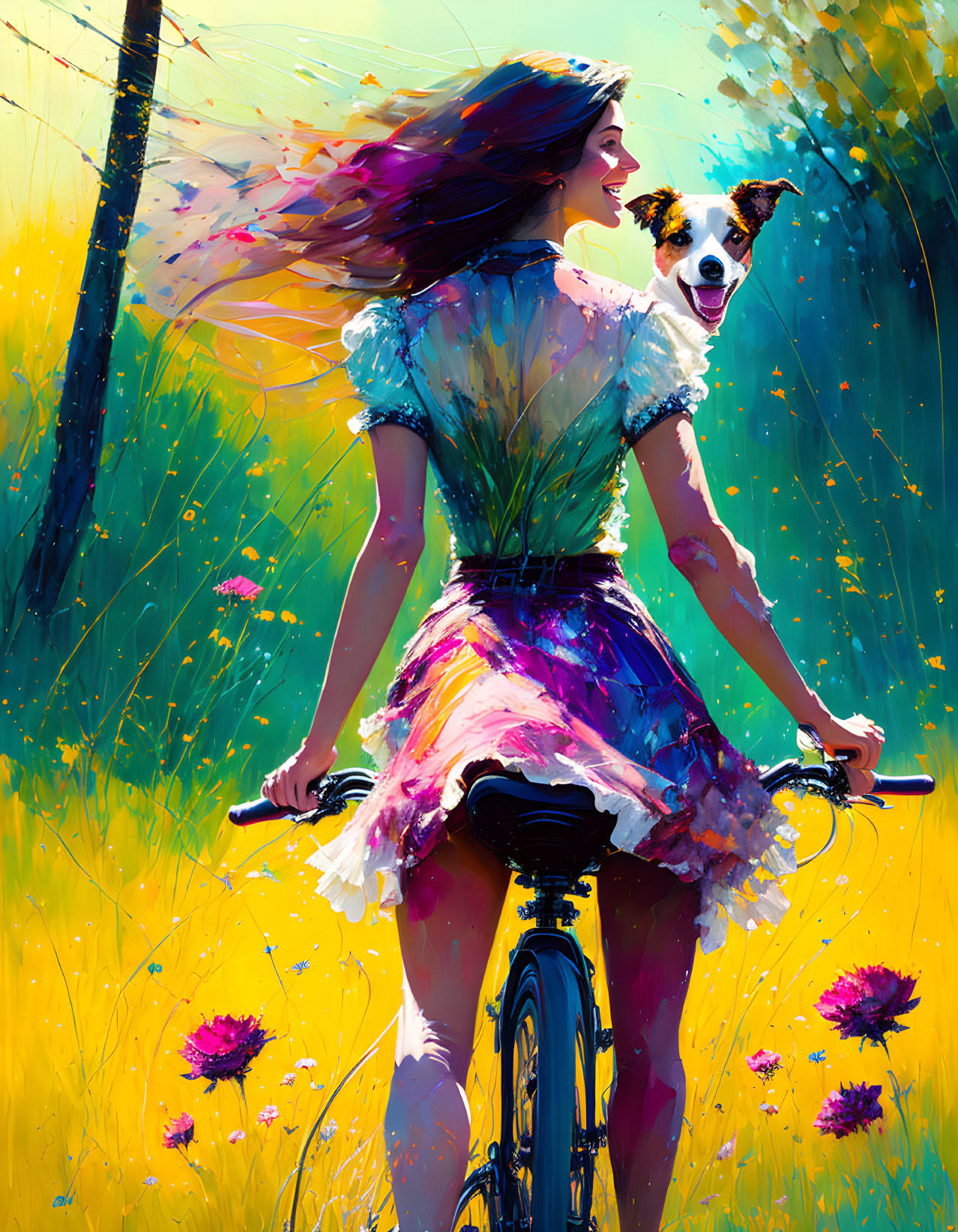 Woman in colorful outfit rides bike with joyful dog in vibrant field