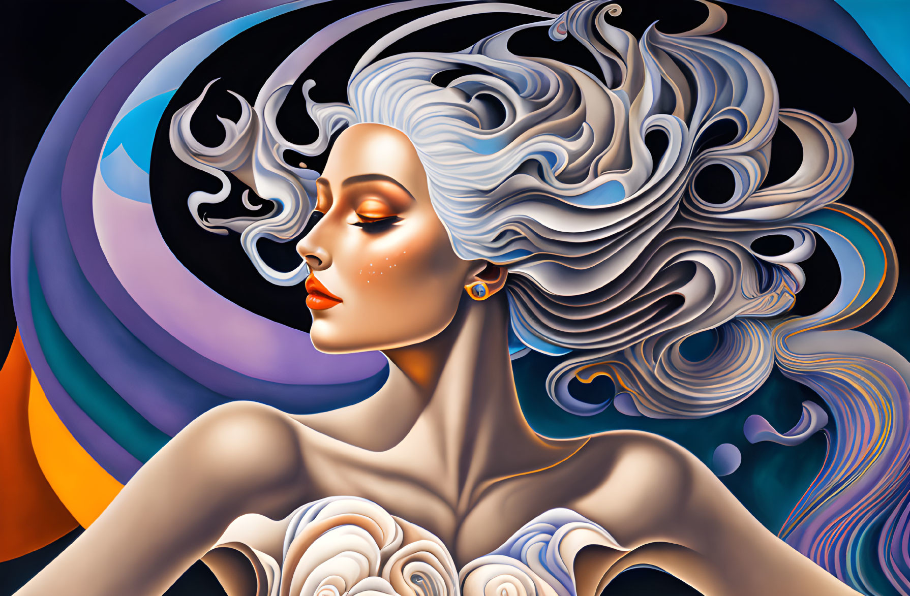 Colorful Surrealist Art: Woman with White Hair & Abstract Background